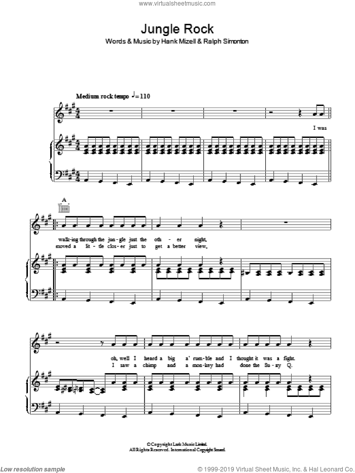 Jungle Rock sheet music for voice, piano or guitar by Hank Mizell and Ralph Simonton, intermediate skill level