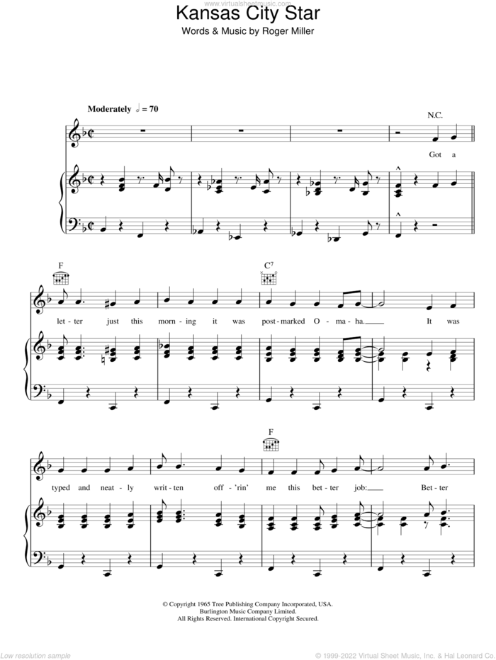 Kansas City Star sheet music for voice, piano or guitar by Roger Miller, intermediate skill level