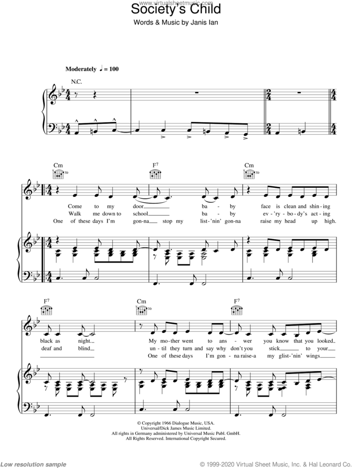 Society's Child sheet music for voice, piano or guitar by Janis Ian, intermediate skill level