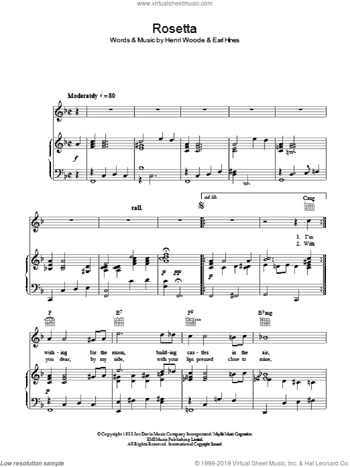 Rosetta sheet music for voice, piano or guitar by Earl Hines and Henri Woode, intermediate skill level