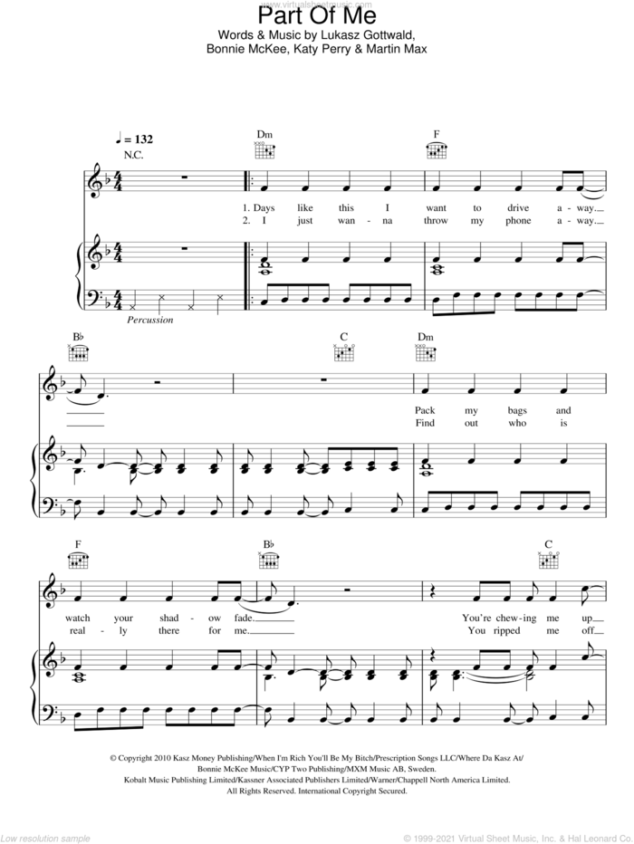 Part Of Me sheet music for voice, piano or guitar by Katy Perry, Bonnie McKee, Lukasz Gottwald and Martin Max, intermediate skill level