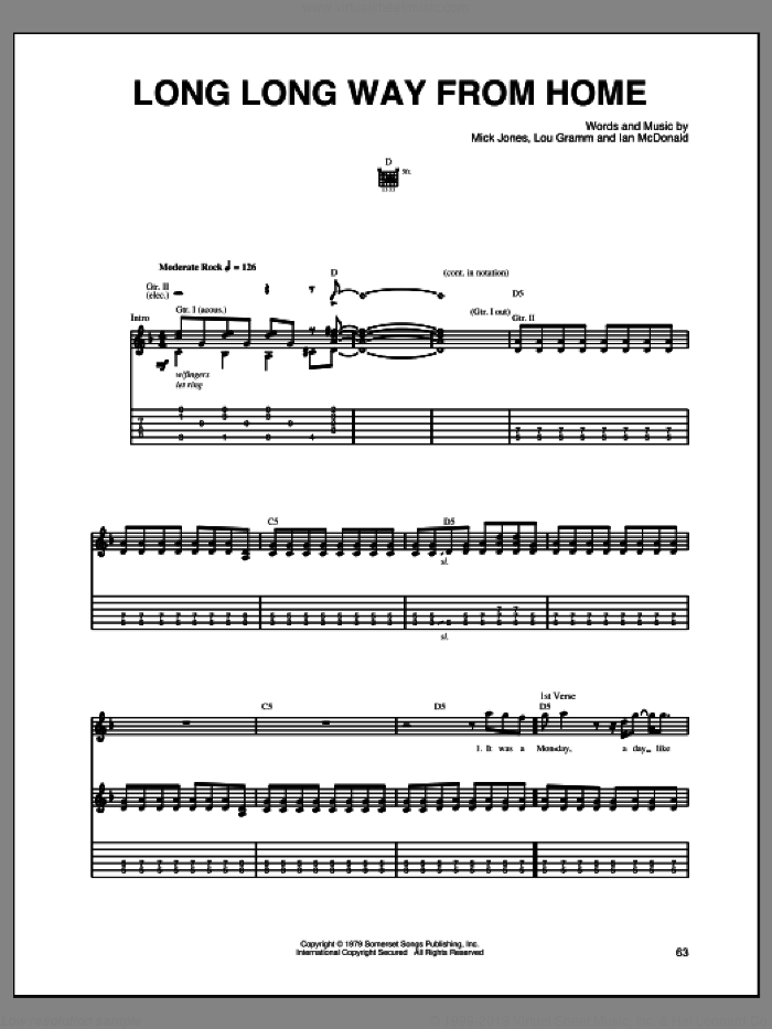 Long Long Way From Home sheet music for guitar (tablature) by Foreigner, Ian McDonald, Lou Gramm and Mick Jones, intermediate skill level