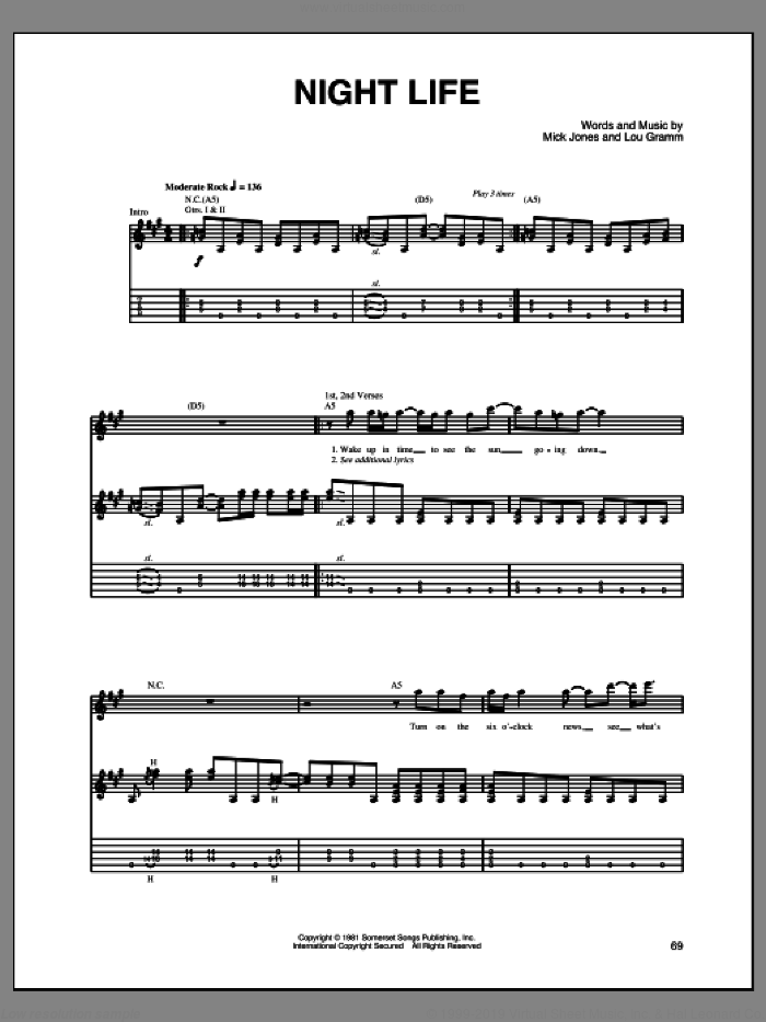 Night Life sheet music for guitar (tablature) by Foreigner, Lou Gramm and Mick Jones, intermediate skill level