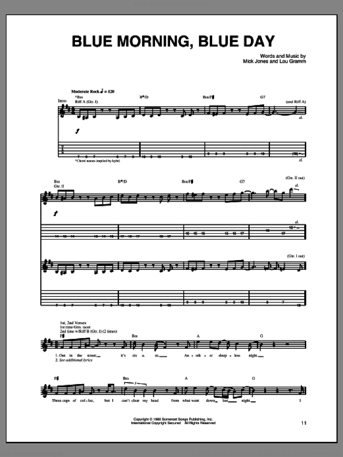 Blue Morning, Blue Day sheet music for guitar (tablature) by Foreigner, Lou Gramm and Mick Jones, intermediate skill level