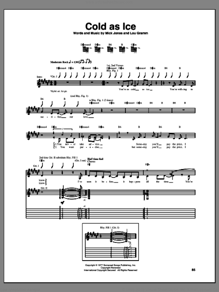 Cold As Ice sheet music for guitar (tablature) by Foreigner, Lou Gramm and Mick Jones, intermediate skill level
