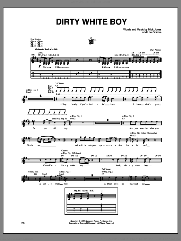 Dirty White Boy sheet music for guitar (tablature) by Foreigner, Lou Gramm and Mick Jones, intermediate skill level