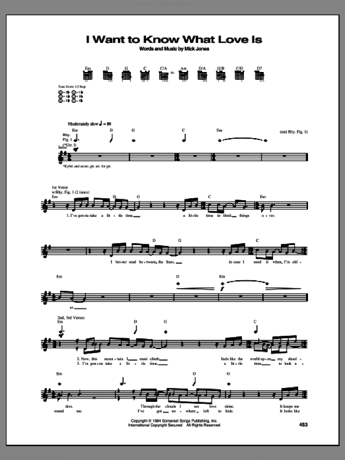I Want To Know What Love Is sheet music for guitar (tablature) by Foreigner and Mick Jones, intermediate skill level