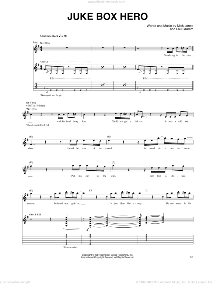 Juke Box Hero sheet music for guitar (tablature) by Foreigner, Lou Gramm and Mick Jones, intermediate skill level