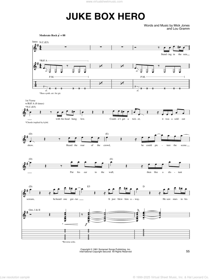 Juke Box Hero sheet music for guitar (tablature) by Foreigner, Lou Gramm and Mick Jones, intermediate skill level