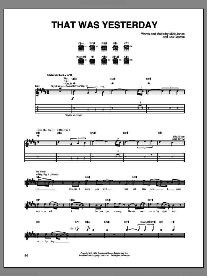 That Was Yesterday sheet music for guitar (tablature) by Foreigner, Lou Gramm and Mick Jones, intermediate skill level