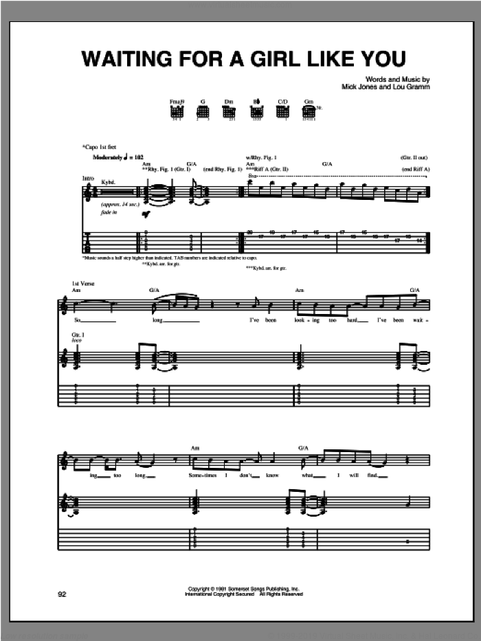 Waiting For A Girl Like You sheet music for guitar (tablature) by Foreigner, Lou Gramm and Mick Jones, intermediate skill level