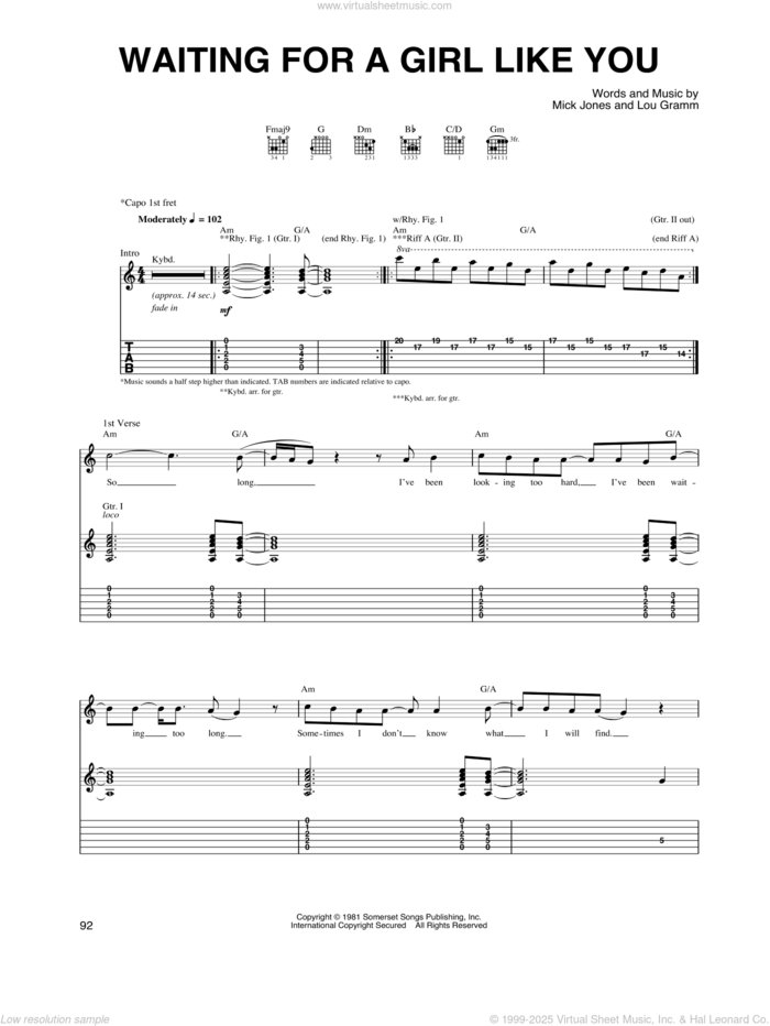 Waiting For A Girl Like You sheet music for guitar (tablature) by Foreigner, Lou Gramm and Mick Jones, intermediate skill level