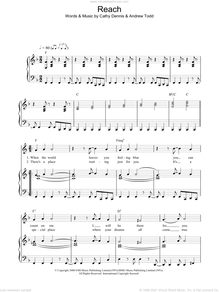 Reach sheet music for voice, piano or guitar by S Club 7, Andrew Todd and Cathy Dennis, intermediate skill level