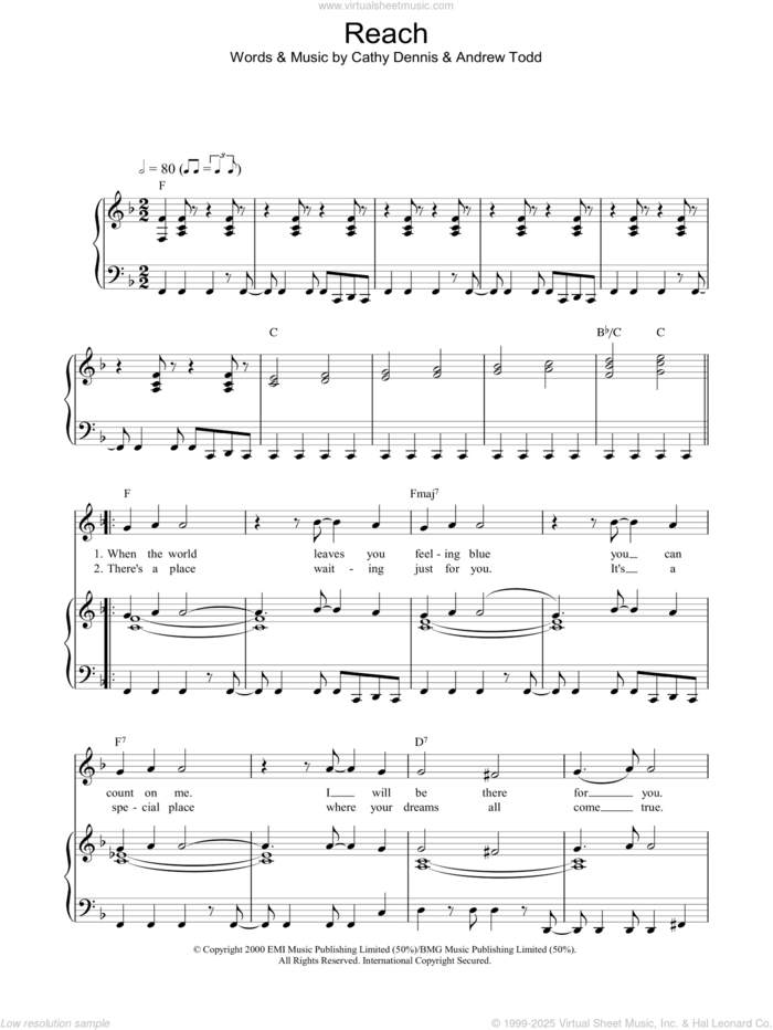 Reach sheet music for voice, piano or guitar by S Club 7, Andrew Todd and Cathy Dennis, intermediate skill level