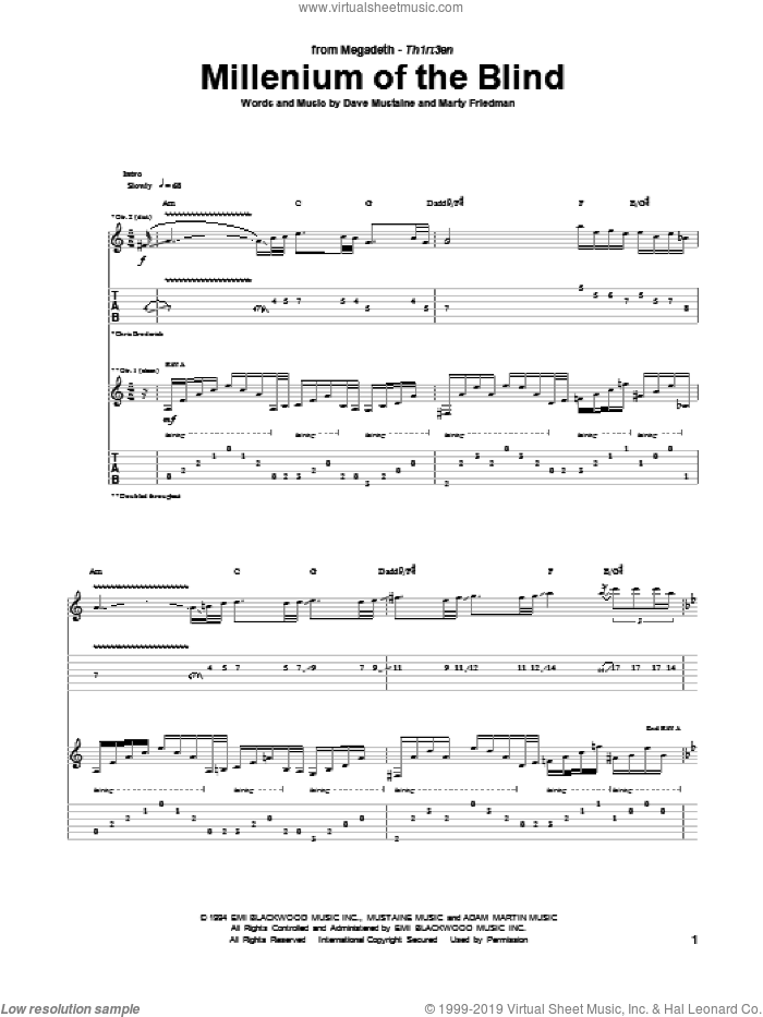 Millenium Of The Blind sheet music for guitar (tablature) by Megadeth, Dave Mustaine and Marty Friedman, intermediate skill level