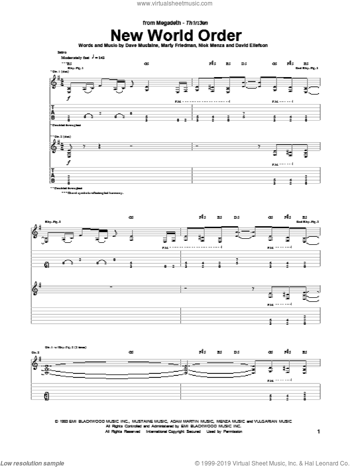 New World Order sheet music for guitar (tablature) by Megadeth, Dave Mustaine, David Ellefson, Marty Friedman and Nick Menza, intermediate skill level