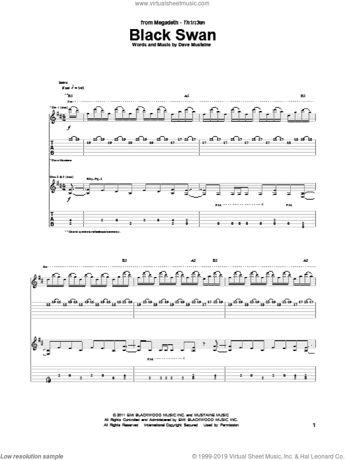 Black Swan sheet music for guitar (tablature) by Megadeth and Dave Mustaine, intermediate skill level