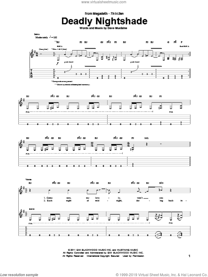 Deadly Nightshade sheet music for guitar (tablature) by Megadeth and Dave Mustaine, intermediate skill level