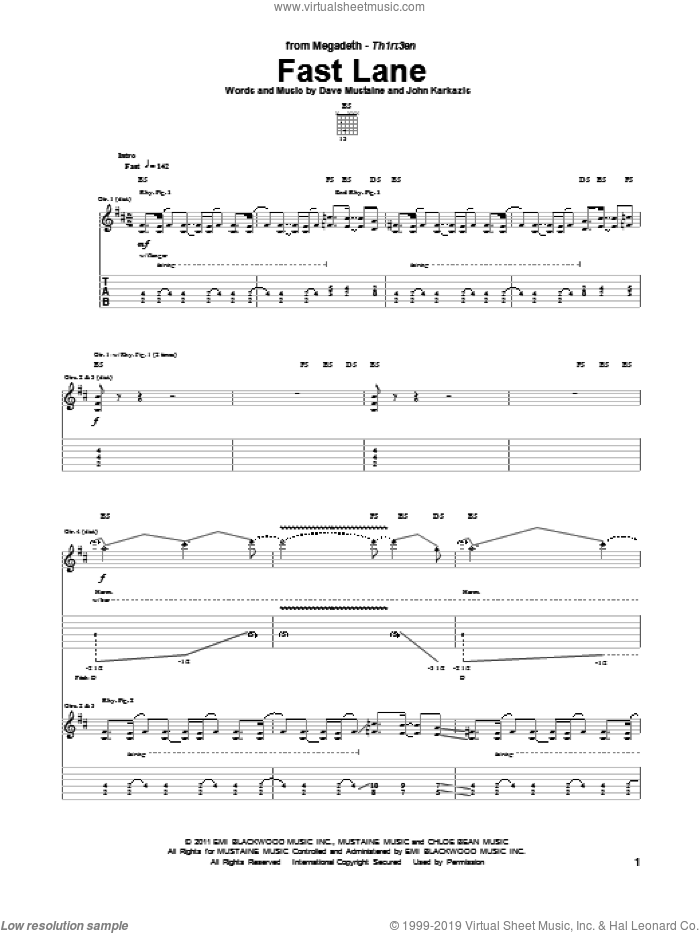 Fast Lane sheet music for guitar (tablature) by Megadeth, Dave Mustaine and John Karkazis, intermediate skill level