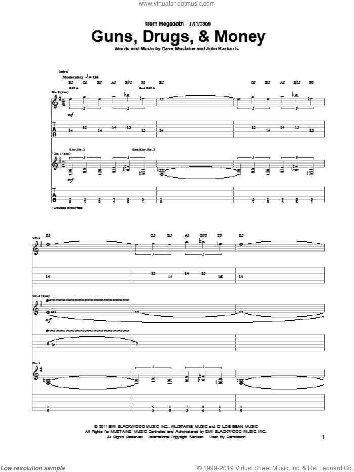 Guns, Drugs, and Money sheet music for guitar (tablature) by Megadeth, Dave Mustaine and John Karkazis, intermediate skill level