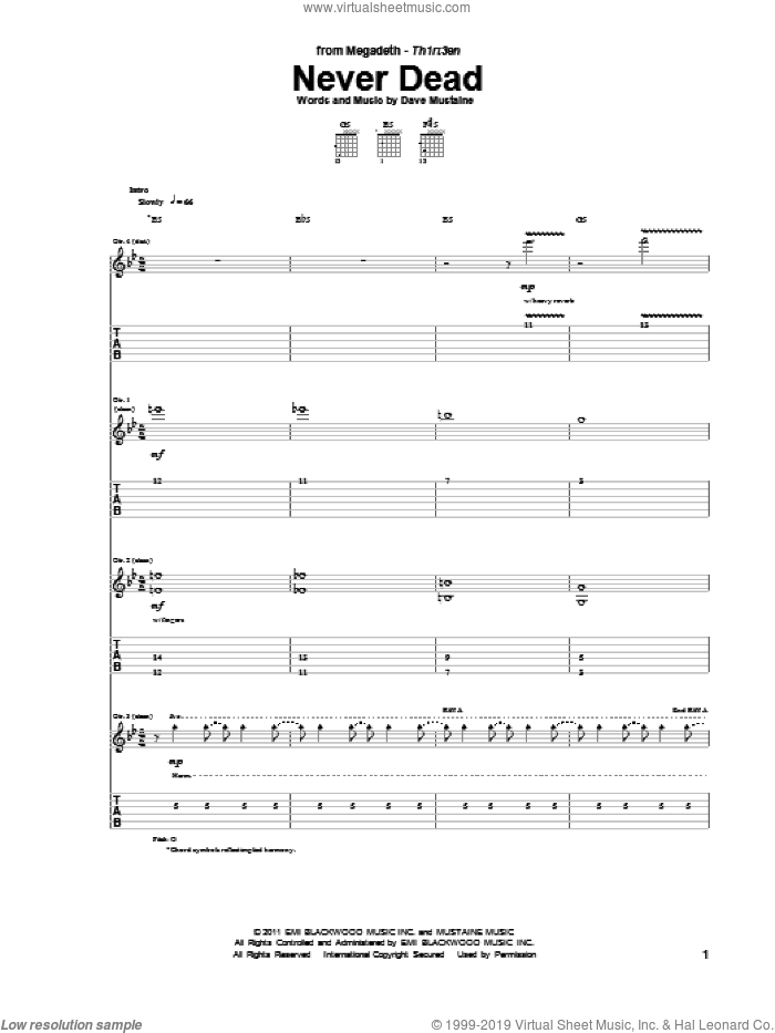 Never Dead sheet music for guitar (tablature) by Megadeth and Dave Mustaine, intermediate skill level