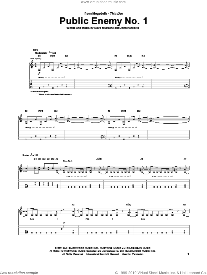 Public Enemy No. 1 sheet music for guitar (tablature) by Megadeth, Dave Mustaine and John Karkazis, intermediate skill level