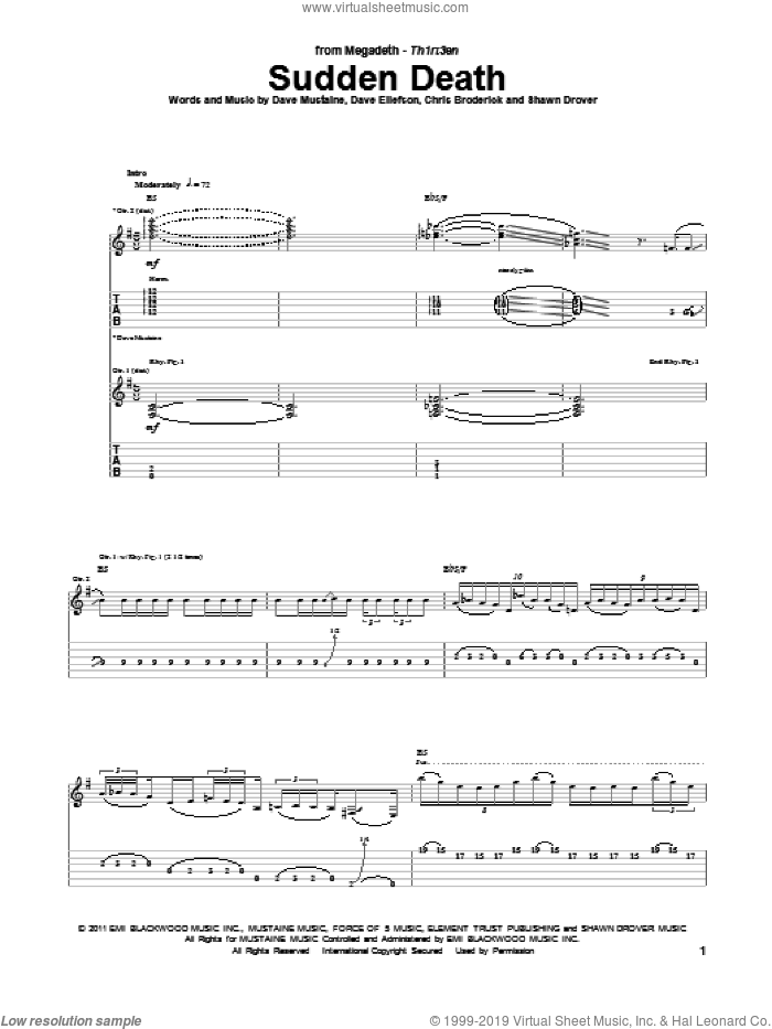 Sudden Death sheet music for guitar (tablature) by Megadeth, Chris Broderick, Dave Ellefson, Dave Mustaine and Shawn Drover, intermediate skill level