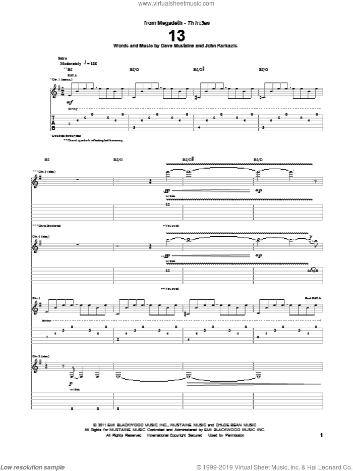 13 sheet music for guitar (tablature) by Megadeth, Dave Mustaine and John Karkazis, intermediate skill level
