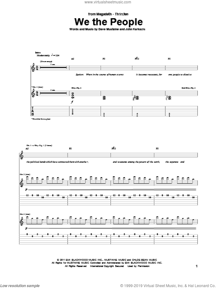 We The People sheet music for guitar (tablature) by Megadeth, Dave Mustaine and John Karkazis, intermediate skill level