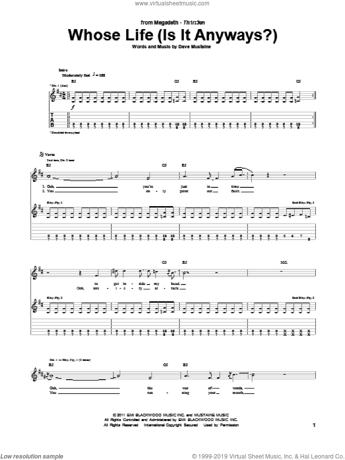 Whose Life (Is It Anyways?) sheet music for guitar (tablature) by Megadeth and Dave Mustaine, intermediate skill level