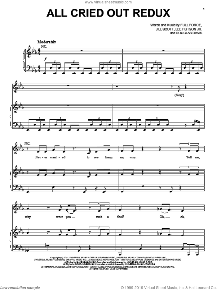All Cried Out Redux sheet music for voice, piano or guitar by Jill Scott, Douglas Davis, Full Force and Lee Hutson Jr., intermediate skill level