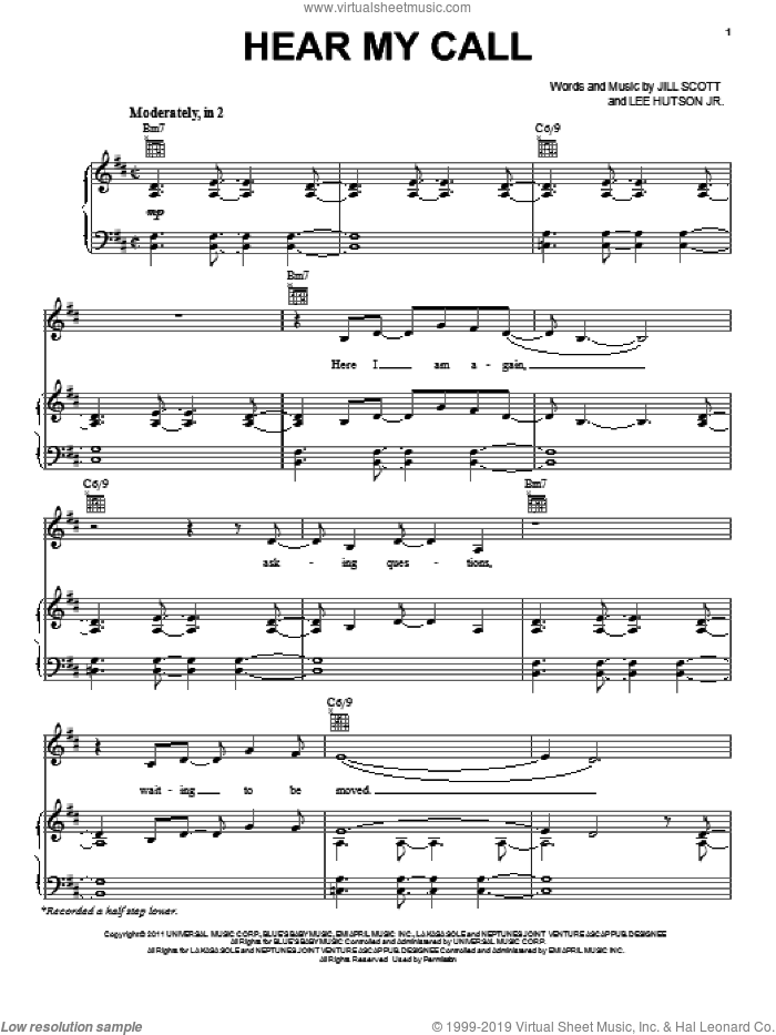 Hear My Call sheet music for voice, piano or guitar by Jill Scott and Lee Hutson Jr., intermediate skill level