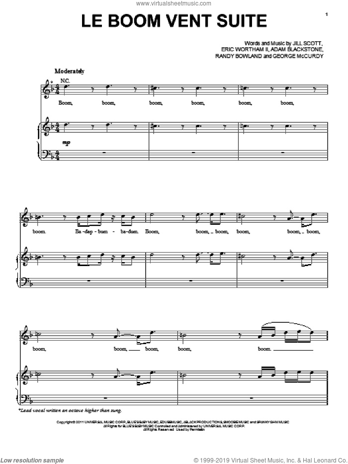 Le Boom Vent Suite sheet music for voice, piano or guitar by Jill Scott, Adam Blackstone, Eric Wortham II, George McCurdy and Randy Bowland, intermediate skill level