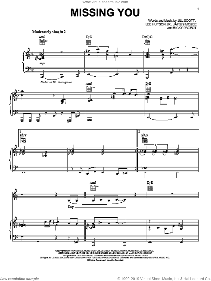 Missing You sheet music for voice, piano or guitar by Jill Scott, Jairus Mozee, Lee Hutson Jr. and Ricky Pageot, intermediate skill level