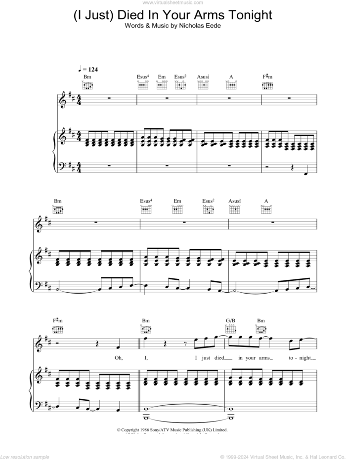 (I Just) Died In Your Arms Tonight sheet music for voice, piano or guitar by Cutting Crew and Nick van Eede, intermediate skill level