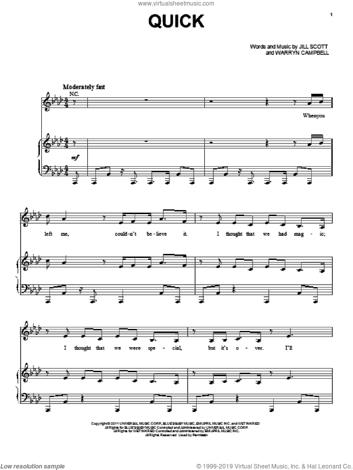 Quick sheet music for voice, piano or guitar by Jill Scott and Warryn Campbell, intermediate skill level