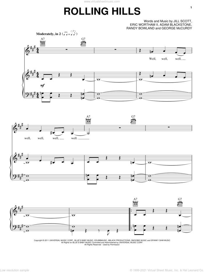 Rolling Hills sheet music for voice, piano or guitar by Jill Scott, Adam Blackstone, Eric Wortham II, George McCurdy and Randy Bowland, intermediate skill level