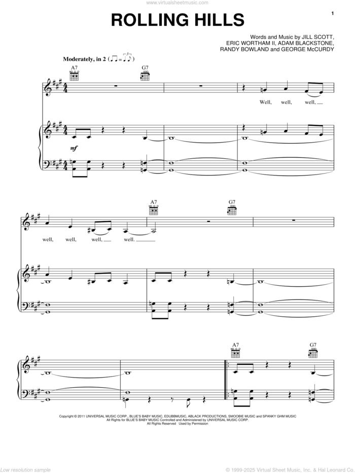 Rolling Hills sheet music for voice, piano or guitar by Jill Scott, Adam Blackstone, Eric Wortham II, George McCurdy and Randy Bowland, intermediate skill level