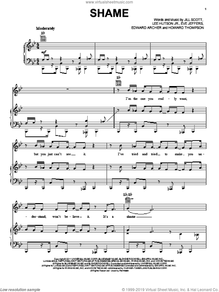 Shame sheet music for voice, piano or guitar by Jill Scott, Edward Archer, Eve Jeffers, Howard Thompson and Lee Hutson Jr., intermediate skill level