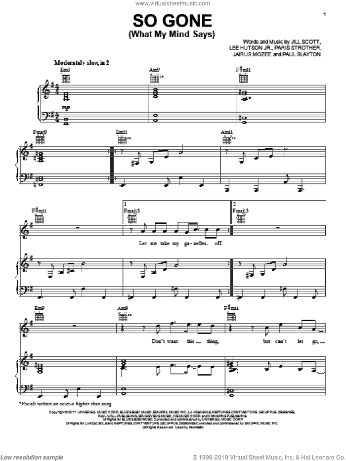 So Gone (What My Mind Says) sheet music for voice, piano or guitar by Jill Scott, Jairus Mozee, Lee Hutson Jr., Paris Strother and Paul Slayton, intermediate skill level