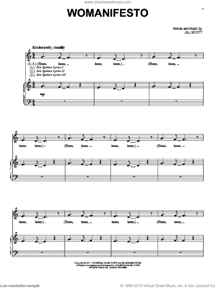 Womanifesto sheet music for voice, piano or guitar by Jill Scott, intermediate skill level