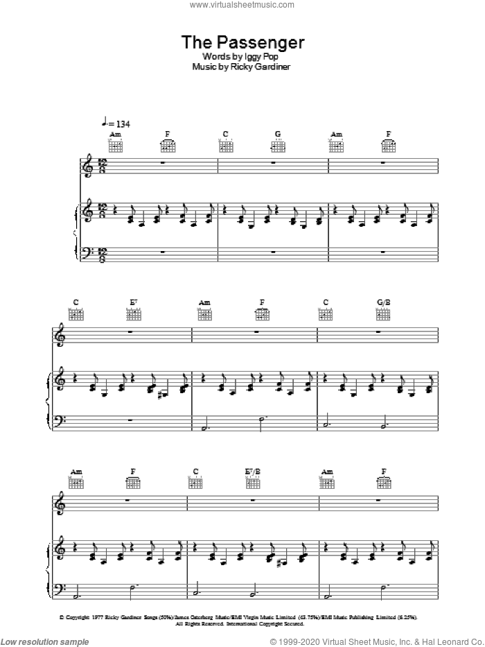 The Passenger sheet music for voice, piano or guitar by Iggy Pop and Ricky Gardiner, intermediate skill level
