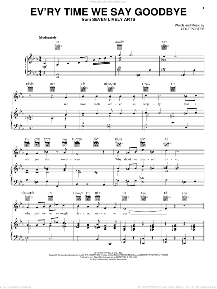 Ev'ry Time We Say Goodbye sheet music for voice, piano or guitar by Cole Porter, Dinah Washington and Ella Fitzgerald, intermediate skill level