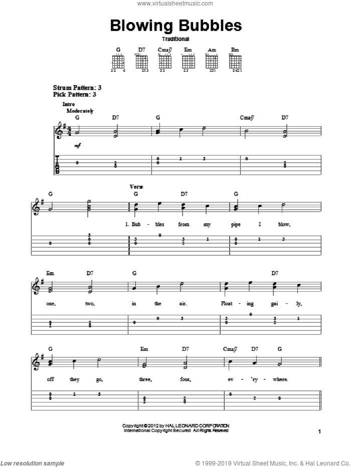 Blowing Bubbles sheet music for guitar solo (easy tablature), easy guitar (easy tablature)