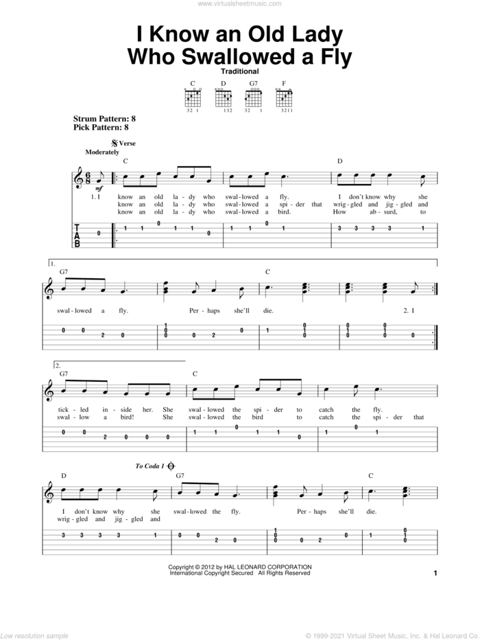 I Know An Old Lady Who Swallowed A Fly sheet music for guitar solo (easy tablature), easy guitar (easy tablature)
