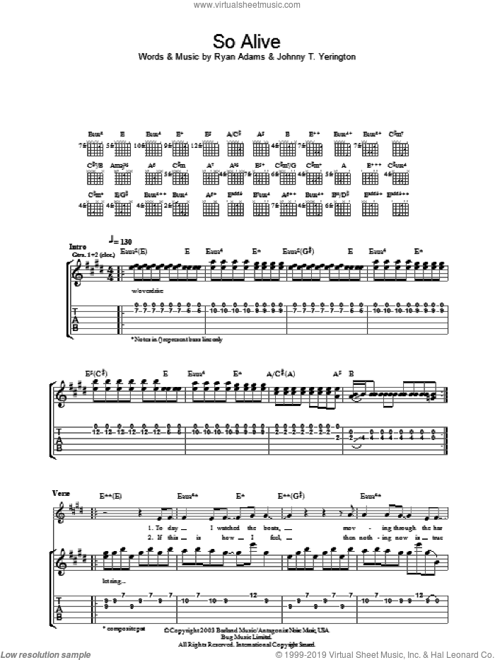 So Alive sheet music for guitar (tablature) by Ryan Adams and Johnny T. Yerington, intermediate skill level