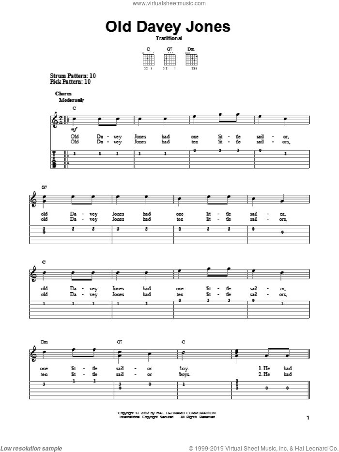Old Davey Jones sheet music for guitar solo (easy tablature), easy guitar (easy tablature)