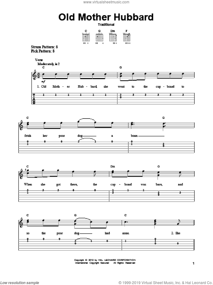Old Mother Hubbard sheet music for guitar solo (easy tablature), easy guitar (easy tablature)