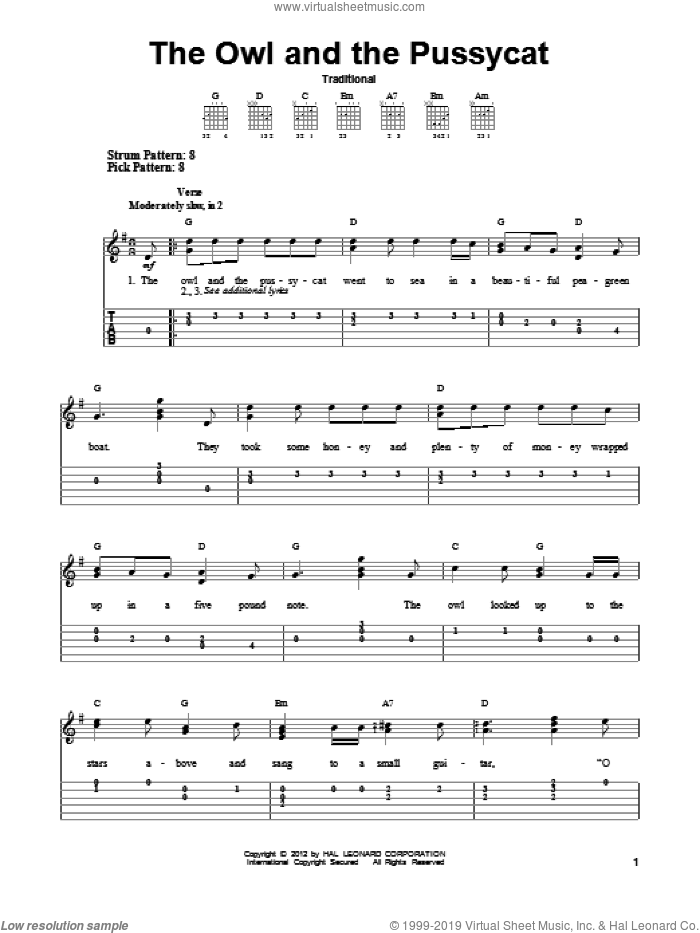 The Owl And The Pussycat sheet music for guitar solo (easy tablature), easy guitar (easy tablature)