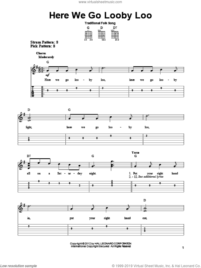 Here We Go Looby Loo sheet music for guitar solo (easy tablature) by Traditional Folk Song, easy guitar (easy tablature)